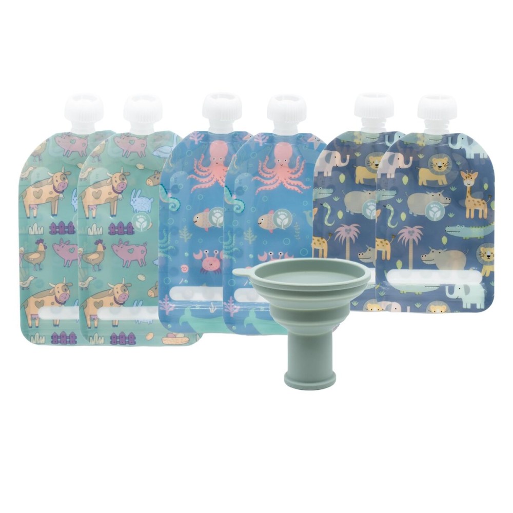 WeeSprout Double Zipper Reusable Food Pouches, Perfect for Babies & Toddlers, Freezer & Dishwasher Safe (Animals, 6 Piece Assortment)