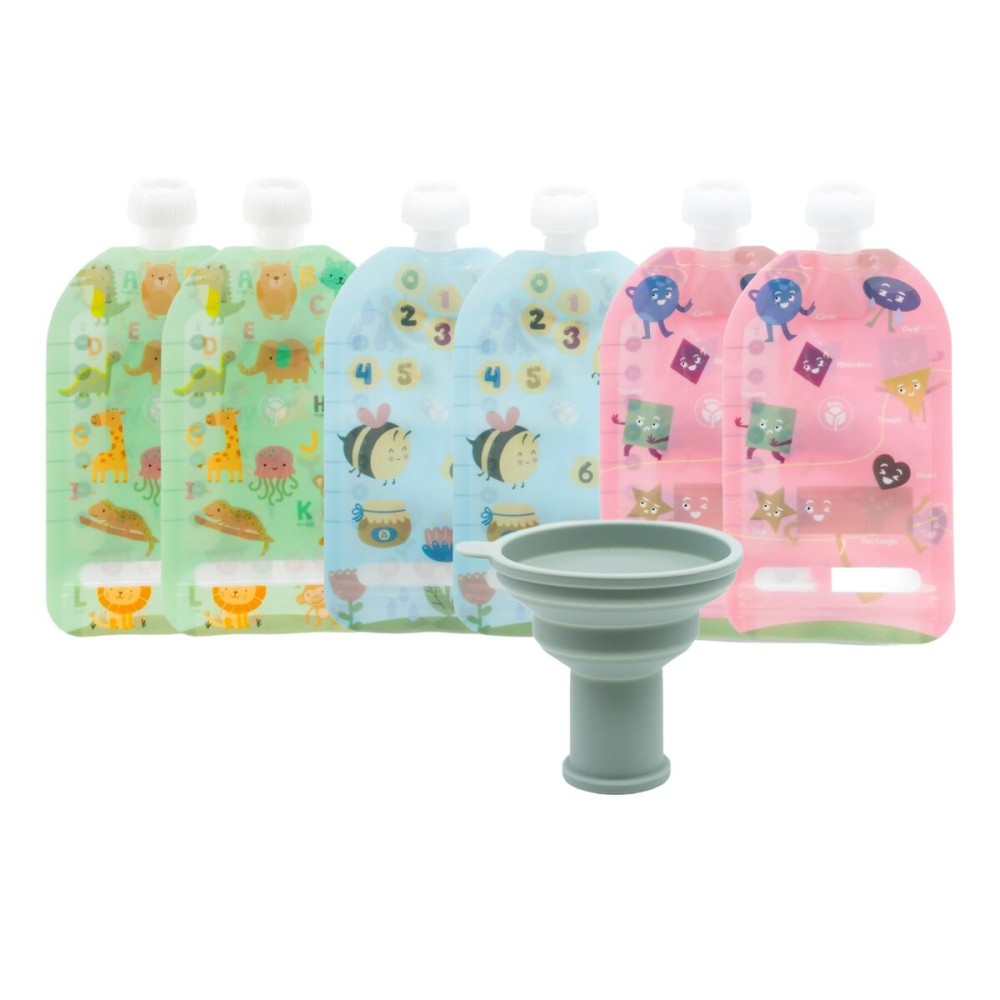 WeeSprout Double Zipper Reusable Food Pouches, Perfect for Babies & Toddlers, Freezer & Dishwasher Safe (Educational, 7 Fl Oz (Pack of 6) + Pouch Filler)