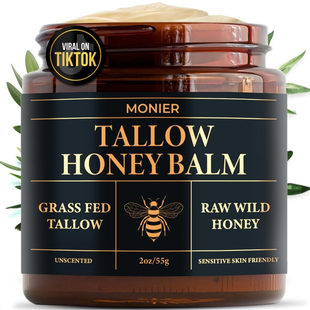 MONIER Tallow and Honey Balm for Face, Beef Tallow for Skin, Moisturizer with 100% Organic Grass-Fed Beef Tallow & Raw Wild Honey - Natural Formula for Dry & Sensitive Skin (Unscented)
