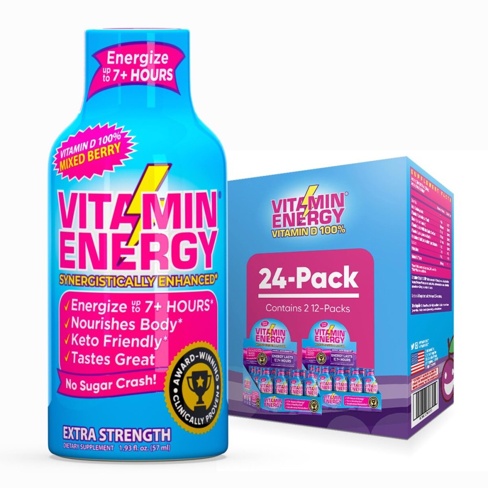 Vitamin Energy Vitamin D Extra Strength Energy Shot Mixed Berry 24 Pack, 260mg Natural Caffeine, B-Complex, Vitamin D, Wellness Support, Keto, Zero Sugar, Gluten-Free Vegan Kosher, 1.93 fl oz