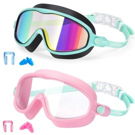 Kids Goggles for Swimming 2 Pack No Leaking Anti-Fog Outer Eye Fit with Wide View UV Protection Crystal Clear Watertight Swim Goggles with nose cover Suitable for Children Youth Boys Girls Age 3 to 14