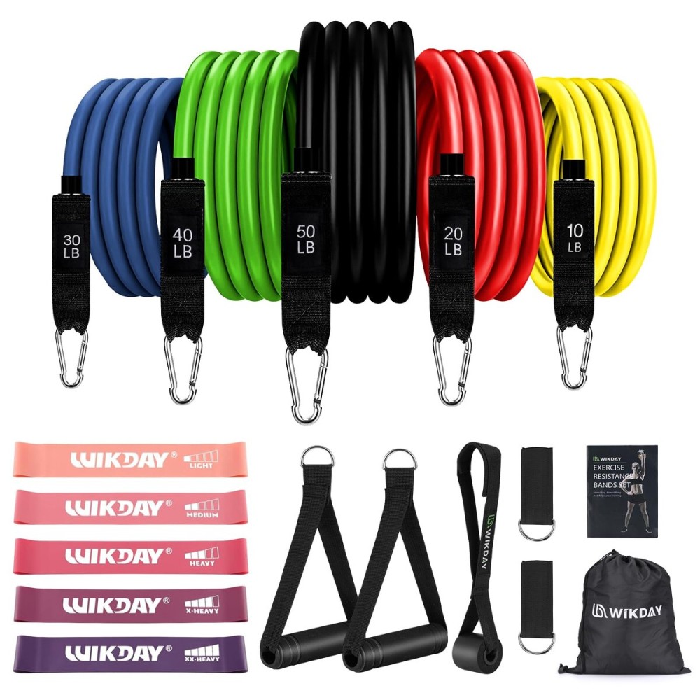 WIKDAY Exercise Resistance Bands with Handles for Working Out, 10-150 Lbs Workout Bands Pink Purple Loop Bands Set with Door Anchor for Physical Therapy, Yoga, Pilates