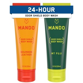 Mando Acidified Body Wash - 24 Hour Odor Control - Removes Odor Better than Soap - Formulated without SLS or Phthalates - Skin Safe - 8.5 Ounce (Pack of 2) - Bourbon Leather and Mt Fuji