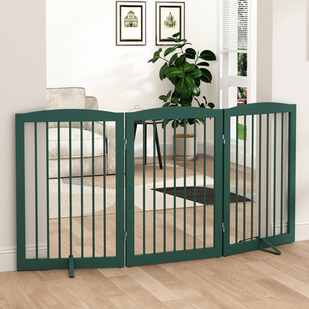 PUPETPO Freestanding Pet Gate for Dogs, Foldable Wooden Dog Gate for House Indoor, Step Over Pet Puppy Safety Fence for Stair, Doorway,Hall, Support Feet Included,3 Panels 32,Green