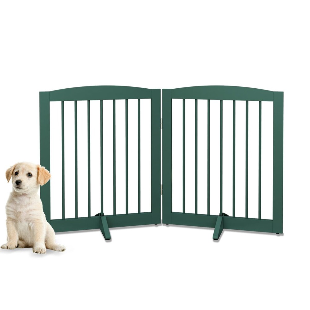 PUPETPO Freestanding Pet Gate for Dogs, Foldable Wooden Dog Gate for House, Stairs, Doorways, Step Over Pet Puppy Safety Fence,Support Feet Included,24 Height 2 Panels, Green