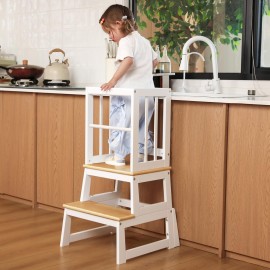 Kids Kitchen Step Stool, Ideal Toddler Learning Standing Tower, 2025 New Upgrade with an Anti-tip Structure and Anti-Drop Safety Bar, More Stable and Safer - White Natural