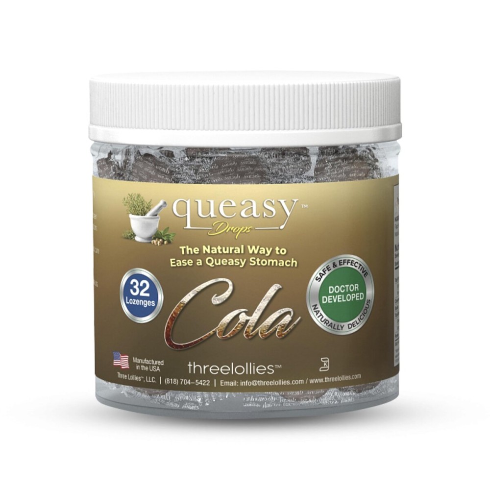 Three Lollies Queasy Drops - Cola Flavor - Relief from Nausea & Travel Sickness, Soothes a Dry Mouth & Settles Stomach - Natural Ingredients - 32 ct