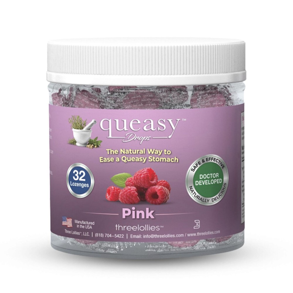 Three Lollies Queasy Drops - Pink Sour Raspberry Flavor - Travel Sickness & Nausea Relief, Soothes Stomach & Dry Mouth, Natural Ingredients - 32 ct