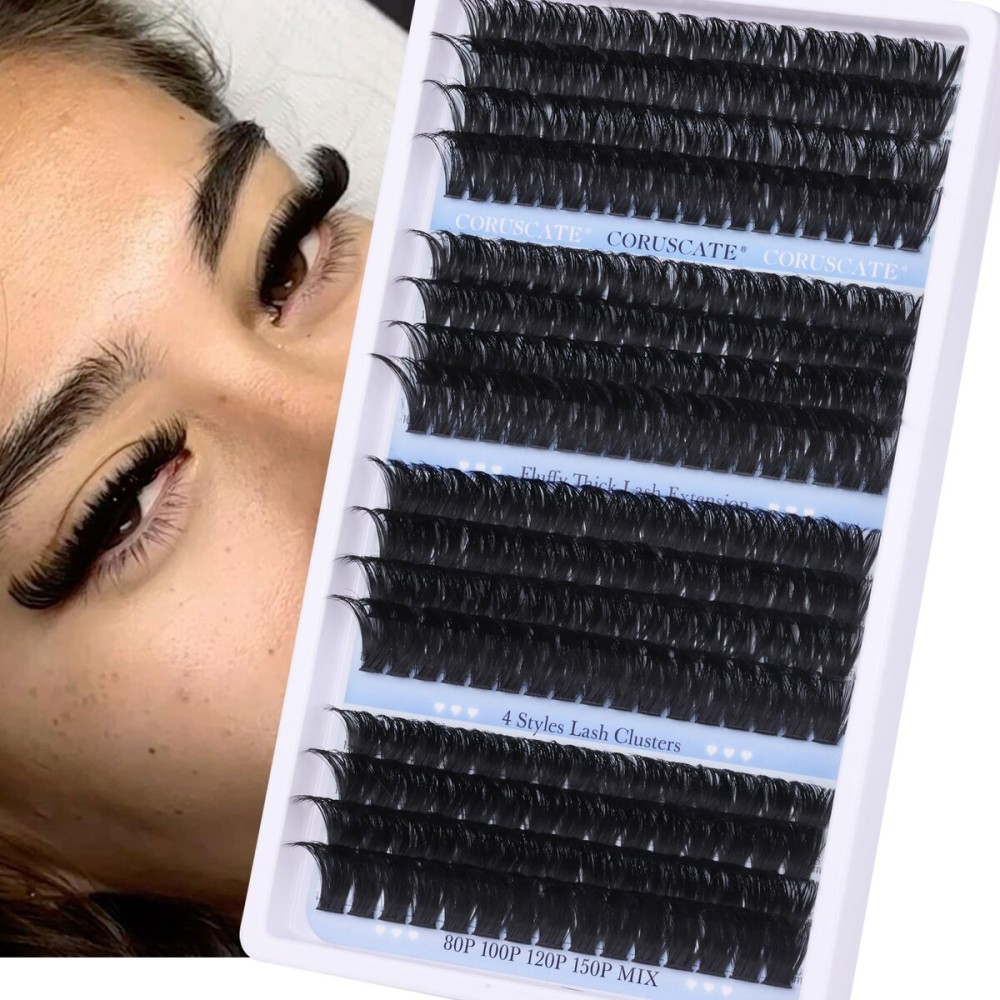 CORUSCATE Lash Clusters Long 14-20mm Eyelash Clusters 80D+100D+120D+150D Volume Cluster Eyelash Extensions Thick 284pcs Individual Lashes Strip Mink Eyelashes DIY Wispy Lash Extension