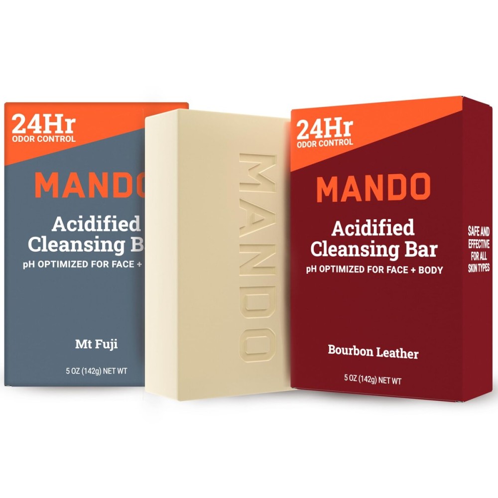 Mando 4-in-1 Acidified Cleansing Bar - 24-Hour Odor Control - Moisturizing Formula - Formulated without SLS and Parabens - Safe For Sensitive Skin - 5 ounces (Pack of 2) - Bourbon Leather & Mt Fuji