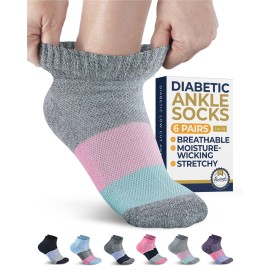 Pembrook Ankle Diabetic Socks for Women and Men - 6 Pairs | Color Blocks | Low Cut Diabetic Socks Women 9-12