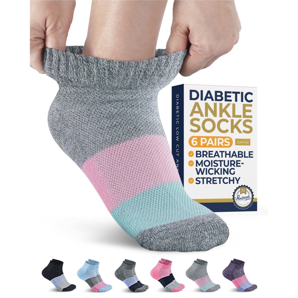 Pembrook Ankle Diabetic Socks for Women and Men - 6 Pairs | Color Blocks | Low Cut Diabetic Socks Women 9-12