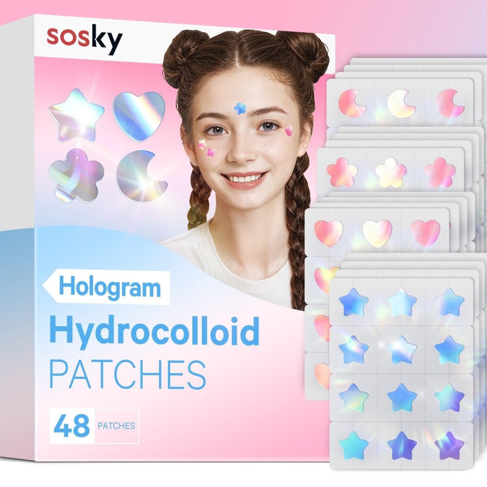 Sosky Hologram Pimple Patches for Face, Hydrocolloid Acne Patches with Salicylic Acid, Cute Star Zit Stickers,Colorful Blemish Covers,48 Count Blue Pink Star Heart Moon Flower