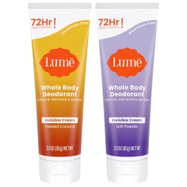 Lume Whole Body Deodorant - Invisible Cream Tube - 72 Hour Odor Control - Doctor Developed - Aluminum Free, Baking Soda Free and Skin Loving - 3.0 Ounce, Pack of 2 (Soft Powder & Toasted Coconut)