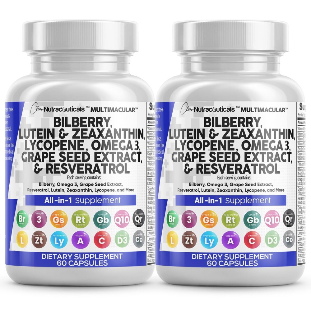 Clean Nutra Eye Vitamins with Bilberry Lutein and Zeaxanthin Supplements Lycopene 40mg Resveratrol Grape Seed Astaxanthin for Eyes - Eye Care Health Support (60 Count (Pack of 2))