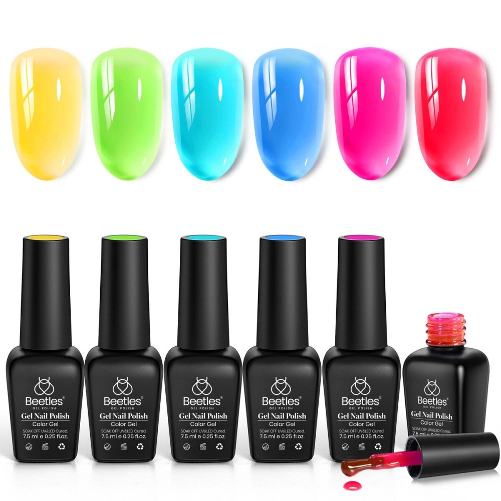 Beetles Jelly Gel Nail Polish Set, 6 Colors Summer Neon Gel Nail Polish Kit Sheer Transparent Effect Hot Pink Red Blue Yellow Green French Nail Art Tropical Glow Series Manicure Gift for Women
