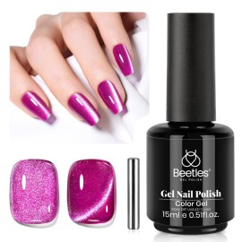 Beetles Hot Pink Gel Nail Polish - 15ML Summer Hot Pink Cat Eye Glitter Gel Polish with Magnet Soak Off UV Shimmer Velvet Gel Berry Stardust Series French Nail Art Manicure Gifts for Women