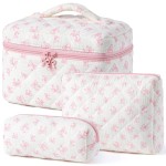 HBselect Quilted Makeup Bag, 3PCS Cotton Large Travel Makeup Bag, Cute Floral Coquette Make up Bag Cosmetic Bag Toiletry Bag for Women Girls