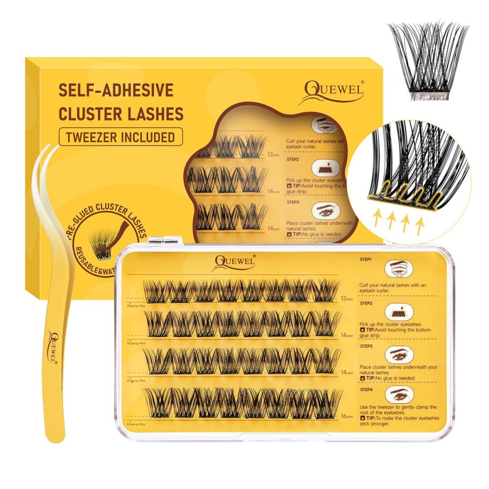 QUEWEL Self Adhesive Eyelashes Natural Look, No Glue Needed Lash Clusters with Eyelash Clusters Tweezer, 32 Pcs Reusable Lashes Self Adhesive for Beginners, DIY Lash Extensions for Home Use(ZN-05)