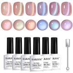RARJSM Nude Pink Purple Aurora Cat Eye Gel Nail Polish Set 6pcs Reflective Sparkly Diamond Ceramic Glitter Glass Cateye Gelpolish with Magnet Stick 7.5ml Curing Requires Soak Off for Home Salon