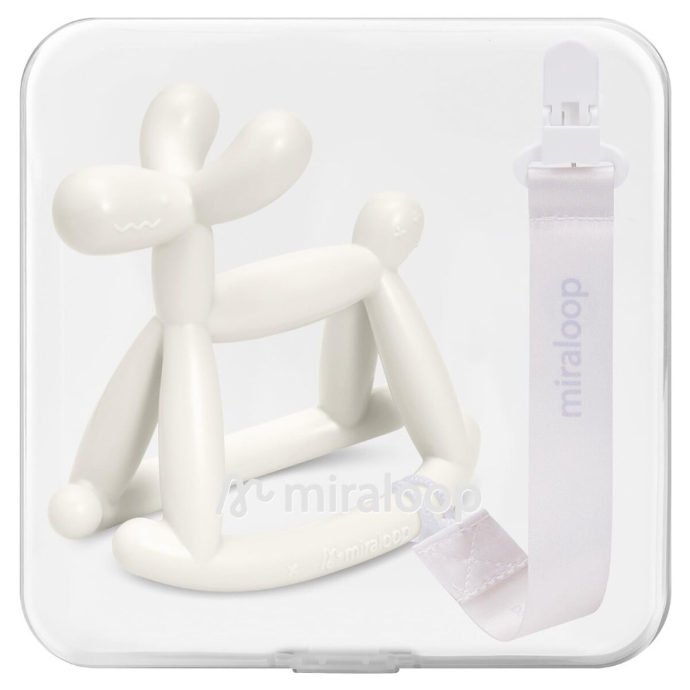 Miraloop Baby Teether Toys for Teething Relief, Teething Toys 3-6 Months Food Grade Silicone Teether with Storage Box and Pacifier Clip, Baby Essential (Milk White Clip+Box)