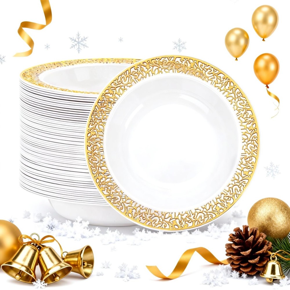 I00000 100 Disposable Gold Plastic Bowls, 12 oz Disposable Bowls, Lace Christmas Thanksgiving Trim, Premium Heavy Duty Plastic Bowl for Party