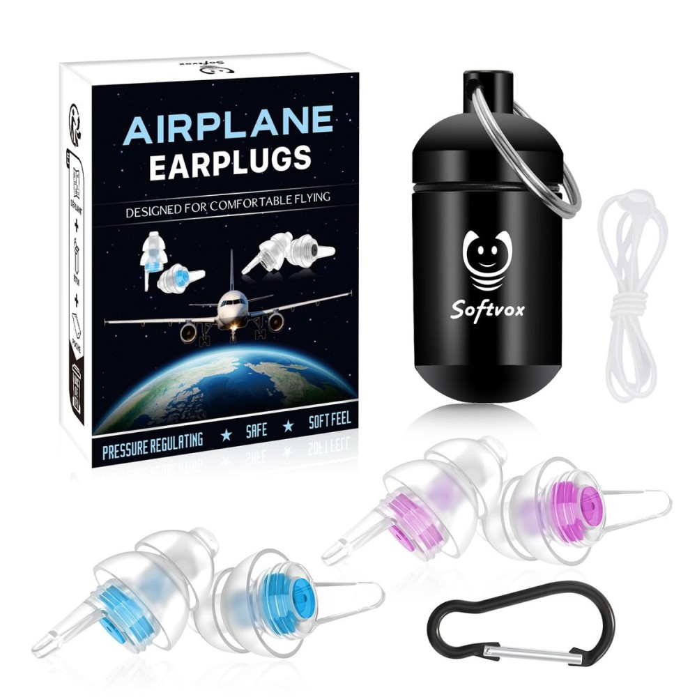 Softvox Airplane Ear Pressure Relief Ear Plugs with Cord, Prevent Ear-Pain & Noise Reduction, Plane Travel Essentials Pressure Equalizing Earbuds, 100x Reusable Comfy Earplugs for Adults Kids 12+