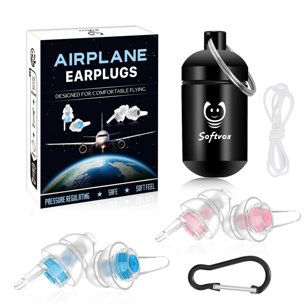 Softvox Airplane Ear Pressure Relief Ear Plugs with String, Prevent Ear-Pain & Noise Reduction, Plane Travel Essentials Pressure Equalizing Earbuds, 100x Reusable Comfy Earplugs for Adults Kids 12+