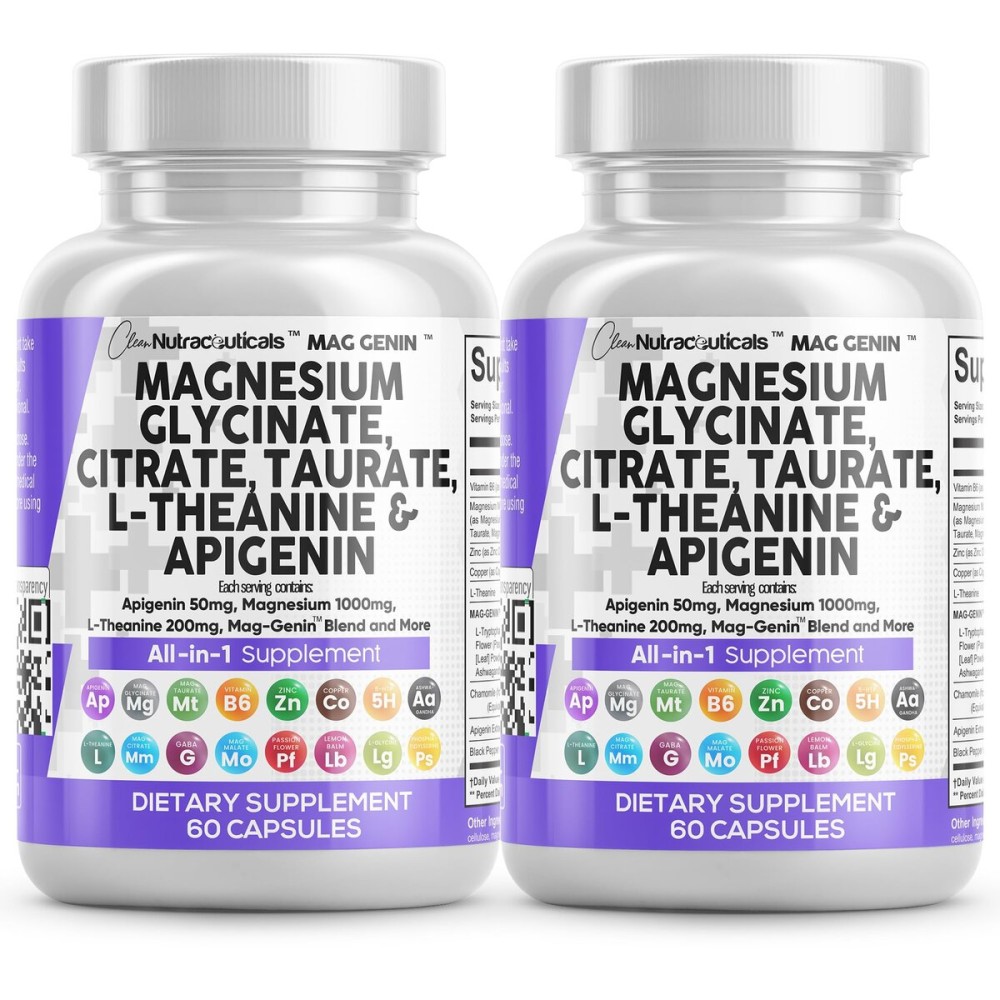 Clean Nutraceuticals Magnesium Glycinate Complex 1000mg with L-Theanine 200mg Apigenin 50mg Citrate Taurate Supplement (60 Count (Pack of 2))