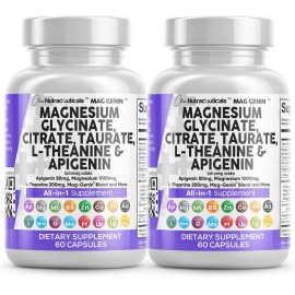 Clean Nutraceuticals Magnesium Glycinate Complex 1000mg with L-Theanine 200mg Apigenin 50mg Citrate Taurate Supplement (60 Count (Pack of 2))