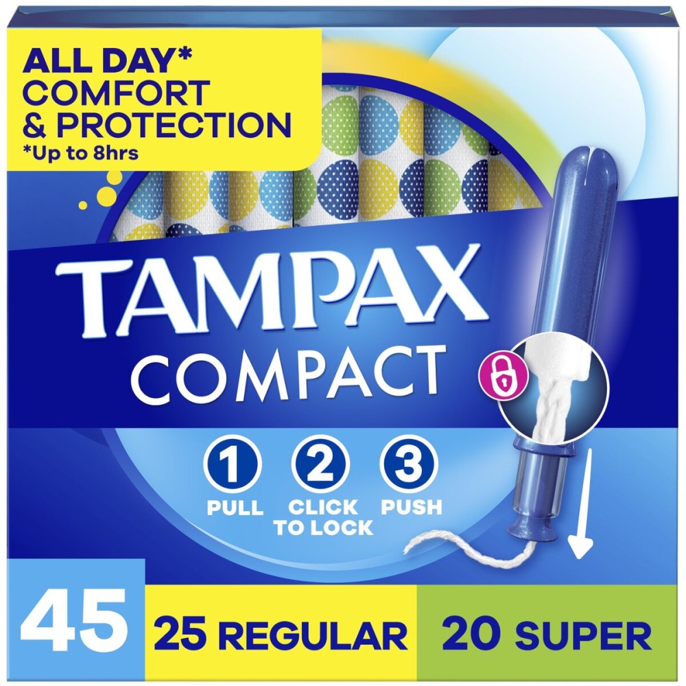 Tampax Compact Pearl Tampons for Women Multipack, with LeakGuard Braid & Extendable Applicator, Regular/Super Absorbency, Compact Extendable Applicator, Unscented, 45 Count
