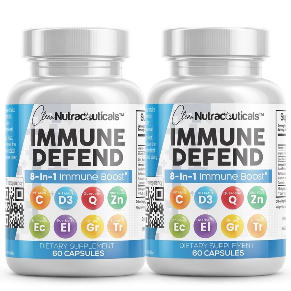 Immune Defense Support Supplement 8 in 1 w/ Zinc 50mg Quercetin, Vit C 1000mg, Vitamin D3 5000 IU, Elderberry, Turmeric Curcumin, Ginger, Echinacea - Immunity System Booster Adults Vegan - 60Ct (2)