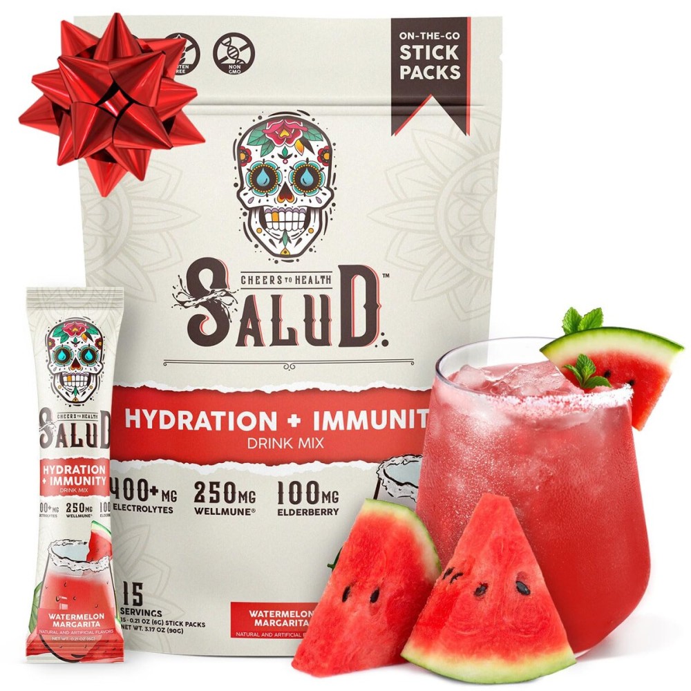 Salud 2-in-1 Hydration Packets + Immunity Electrolytes Powder, Watermelon Margarita - Agua Fresca Drink Mix, Elderberry, Dairy & Soy Free, Non-GMO, Gluten Free, Vegan, 1g Sugar (15 Servings)