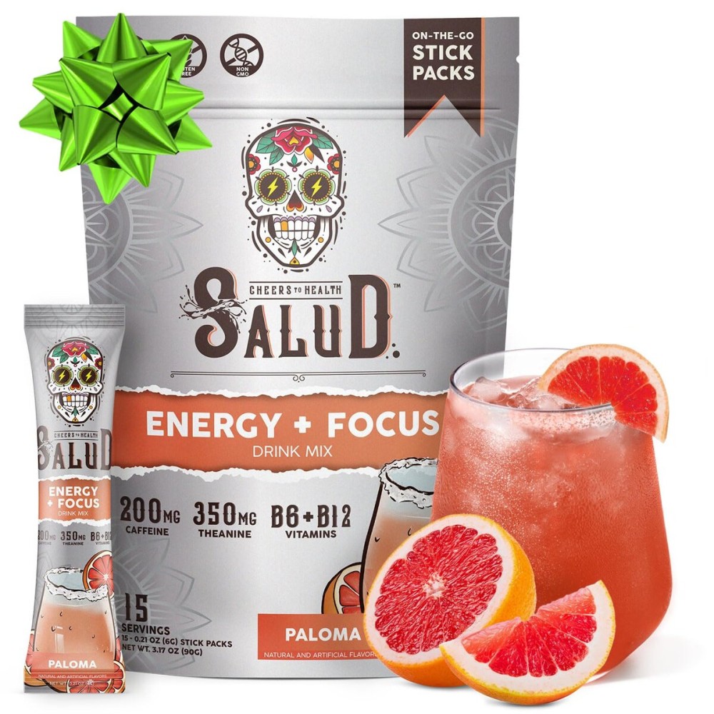 Salud 2-in-1 Energy Drink Powder + Focus, Paloma, Organic Caffeine, B6 + B12, Theanine, Clean Energy Drink Packets, Agua Fresca Mix, Non-GMO, Gluten Free, Vegan, 1g of Sugar, (15 Servings)