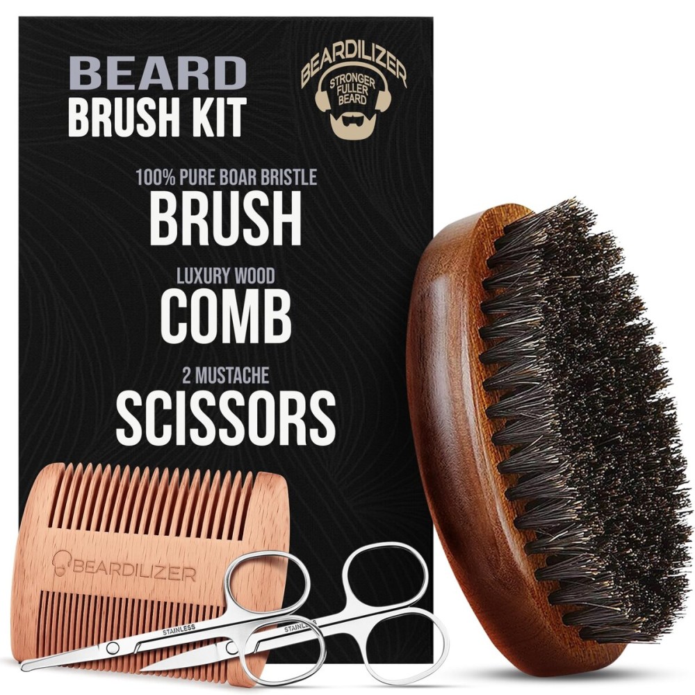 Beardilizer Beard Brush Kit, 100% Pure Boar Bristle Brush, Luxury Wood Comb & 2 Mustache Scissors, Professional Grooming & Care, Beard Accessories for Men