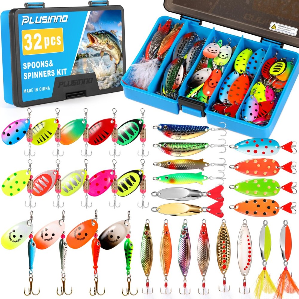 PLUSINNO Fishing Lures Spinner Baits, 32PCS Trout Bass Fishing Lures, Spinning Spoons with Copper Body & Blade, Fishing Gear Kit with Tackle Box Gifts for Men Bass Trot Freshwater