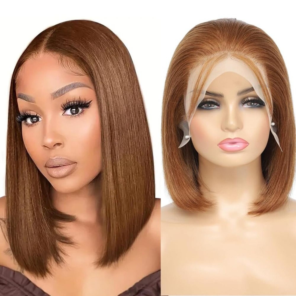 UTIDE Chocolate Brown Bob Wig Human Hair Straight Bob Wig 13x4 Hd Transparent Lace Frontal Wig Bob Wigs Human Hair Pre Plucked Human Hair Wig for Women 180% Density Glueless Wigs With Baby Hair 8 Inch
