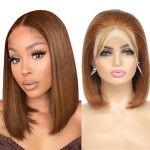 UTIDE Chocolate Brown Bob Wig Human Hair Straight Bob Wig 13x4 Hd Transparent Lace Frontal Wig Bob Wigs Human Hair Pre Plucked Human Hair Wig for Women 180% Density Glueless Wigs With Baby Hair 8 Inch