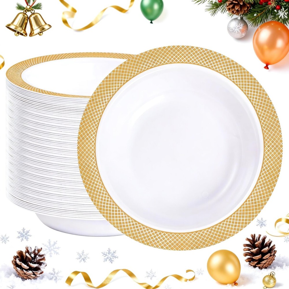 I00000 100 Gold Plastic Bowls, 12 oz White Disposable Bowls,Fancy Plastic Salad Bowl,Premium Heavy Duty Disposable Soup Bowl for Parties,Weddings,Dinners, Catering, Picnics