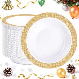 I00000 100 Gold Plastic Bowls, 12 oz White Disposable Bowls,Fancy Plastic Salad Bowl,Premium Heavy Duty Disposable Soup Bowl for Parties,Weddings,Dinners, Catering, Picnics