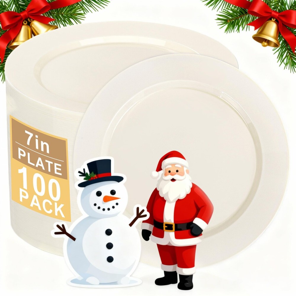 I00000 100 Pc Ivory Plastic Plates,7inch Cream Dessert Plates, Elegant Disposable Plate Perfect for Christmas Wedding, Baby & Bridal Shower or Party (100 Guests)