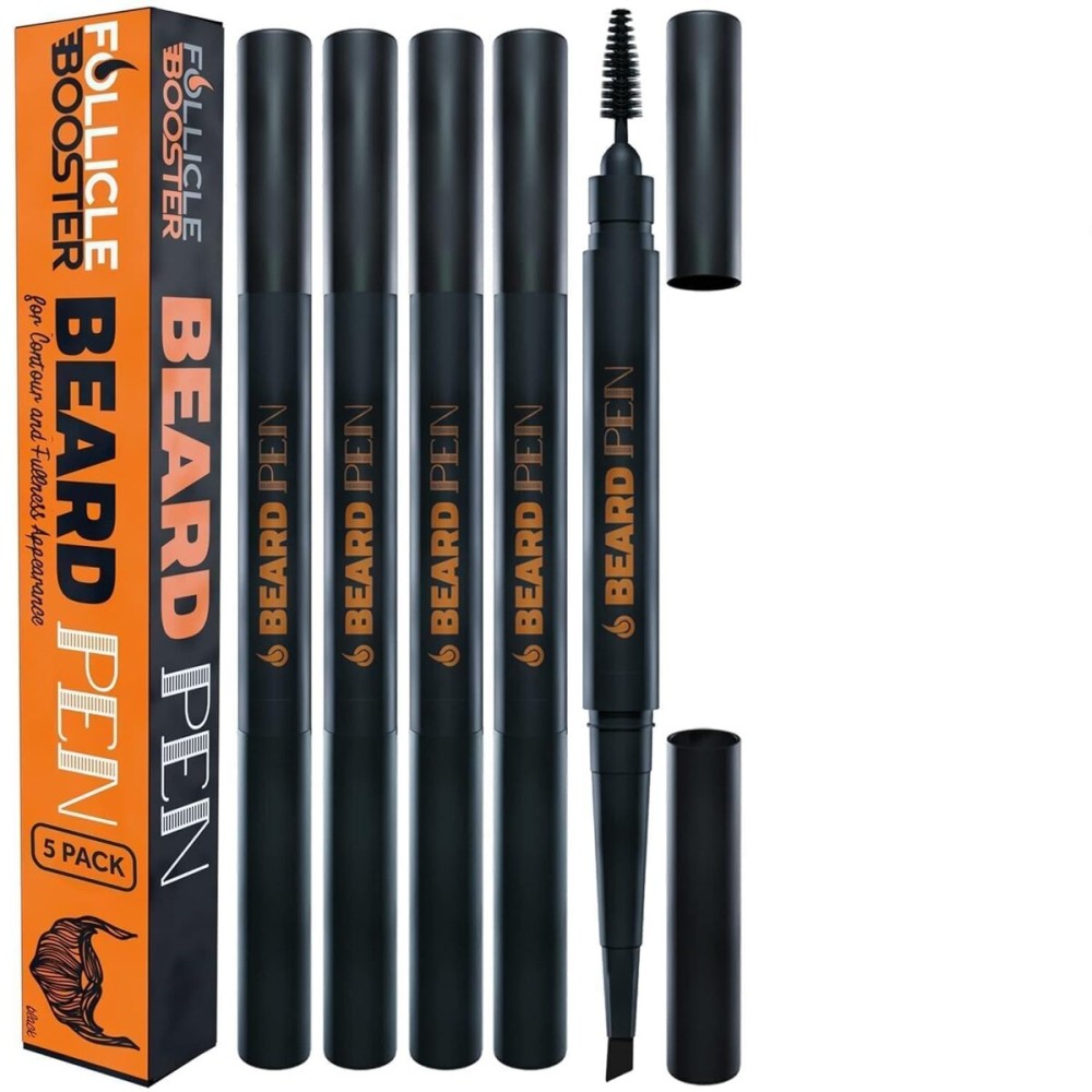 Beard Pen Filler for Men - Barber Styling Grooming Pencil - Waterproof, Sweat Proof, Long Lasting Solution with Natural Finish - Cover Beard and Scalp Patches in Seconds - Deep Dark Brown 5 Pack