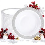 I00000 100 Silver Plastic Bowls,12 OZ White Disposable Bowls,Fancy Plastic Salad Bowl,Premium Heavy Duty Disposable Soup Bowl for Parties,Weddings,Dinners, Catering, Picnics