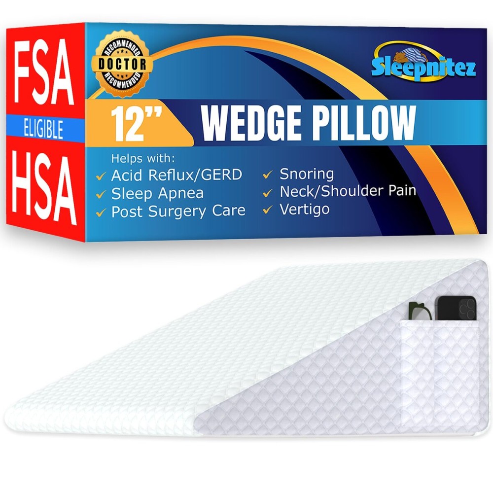 Sleepnitez 12 Bed Wedge Pillow for Sleeping After Surgery, Back Support, Leg Elevation, GERD Acid Reflux, Neck Pain Relief, Sleep Apnea, Snoring, Cooling 3.0 Memory Foam Top Triangle Incline Wedge