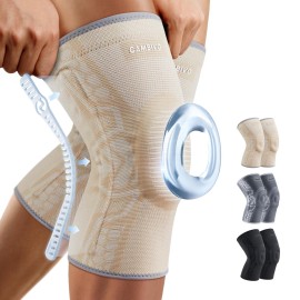 CAMBIVO 2 Pack Knee Brace for Men and Women, Knee Sleeves for Men with Patella Gel Pad and Side Stabilizers, Knee Compression Sleeves for Knee Pain Relief, Running, Workout, Daily Use (Beige, Large)