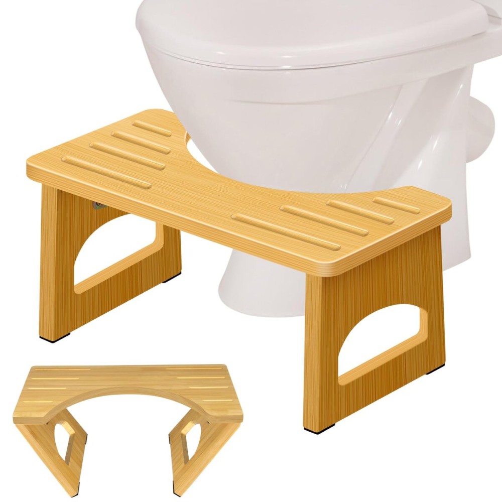 Foldable Toilet Stool, 2 Pack 7.5 Inches Poop Stool for Bathroom, Bamboo Toilet Stool Squat Adult, Collapsible Squatting Bathroom Potty Stool with Non-Slip Strip, Improve Squatting Posture and Comfort