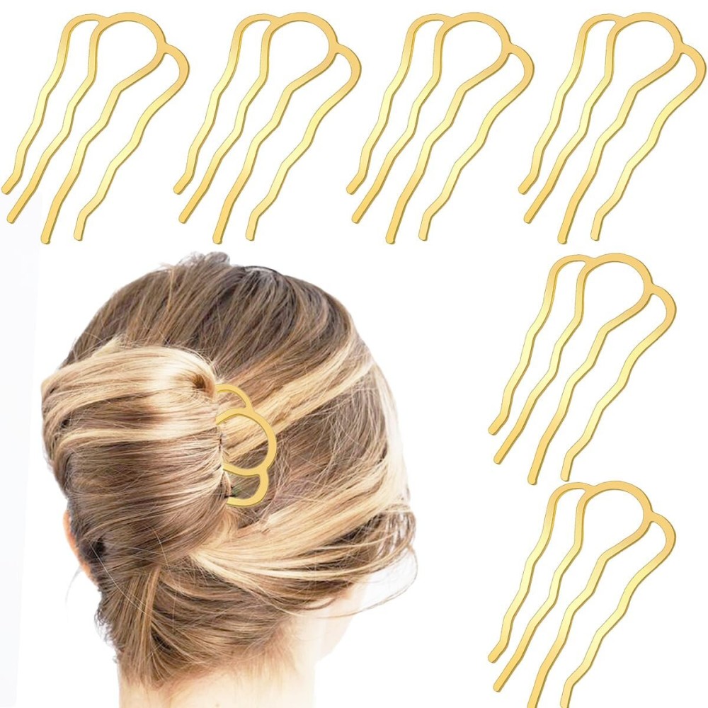 6 Piece Metal Hair Side Combs Hair Fork Clip Pins for Updo Bun, U Shape for Vintage Hairstyle Hair Accessories (Gold-4 Teeth)