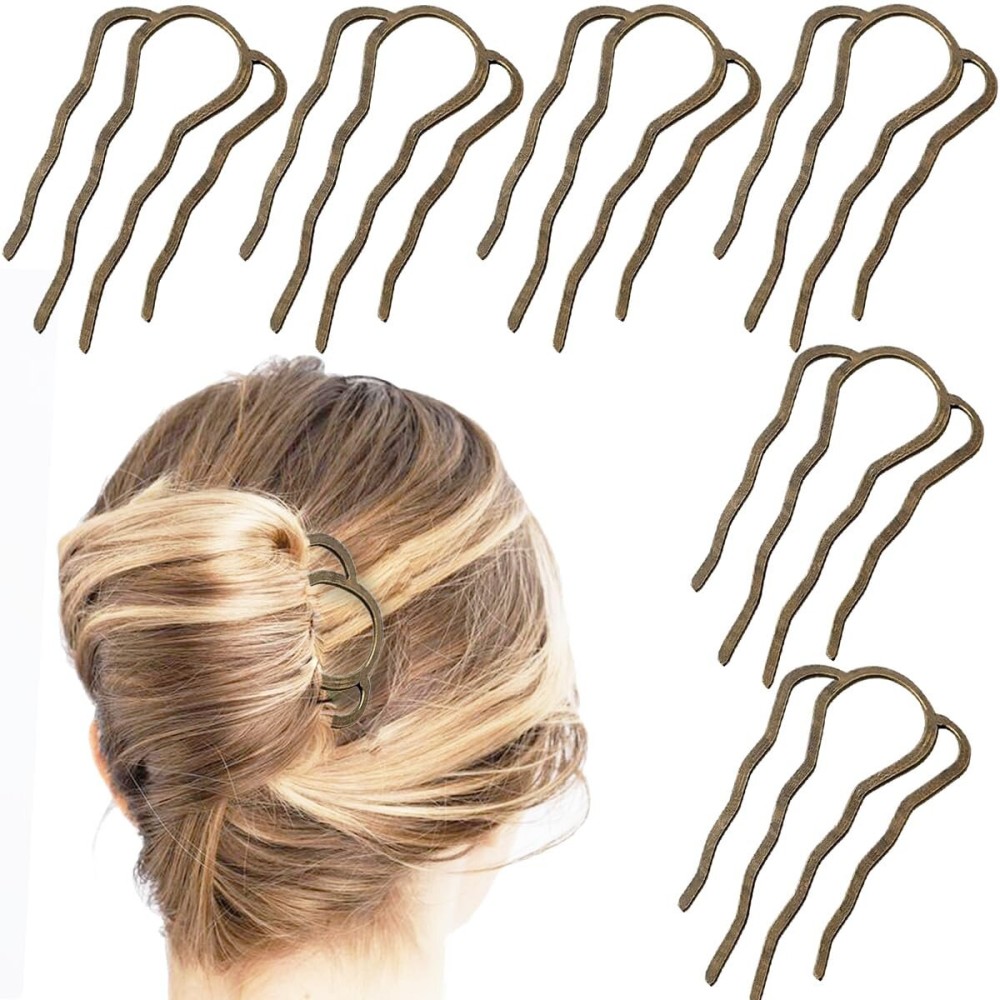6 Piece Metal Hair Side Combs Hair Fork Clip Pins for Updo Bun, U Shape for Vintage Hairstyle Hair Accessories (Bronze-4 Teeth)