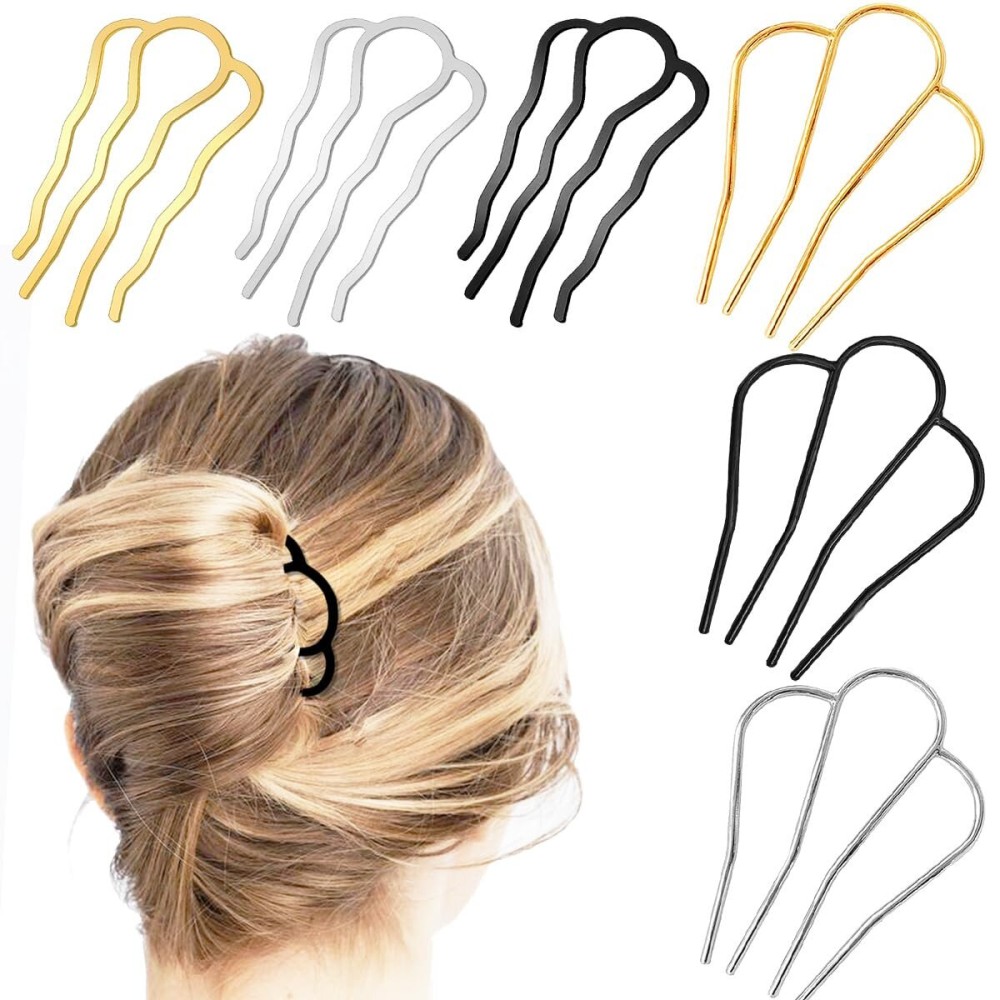 6 Piece Metal Hair Side Combs Hair Fork Clip Pins for Updo Bun, U Shape for Vintage Hairstyle Hair Accessories (Black/Silver/Gold-4 Teeth)