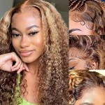 WPPIKK Highlight Lace Front Wig Human Hair 180 Density Brazilian Wet and Wavy Human Hair Wigs for Black Women Curly P4/27 Colored 13x4 Lace Frontal Wig (20 Inch)